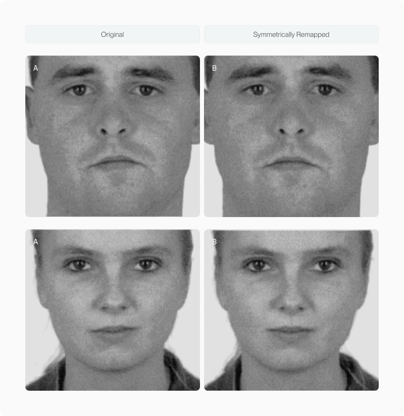 Panel comparing original versus digitally symmetrised Hadza faces from Tanzania