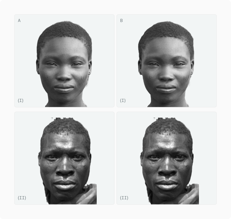 Facial symmetry grid alongside eye-tracking heatmap showing where observers focus on asymmetric faces