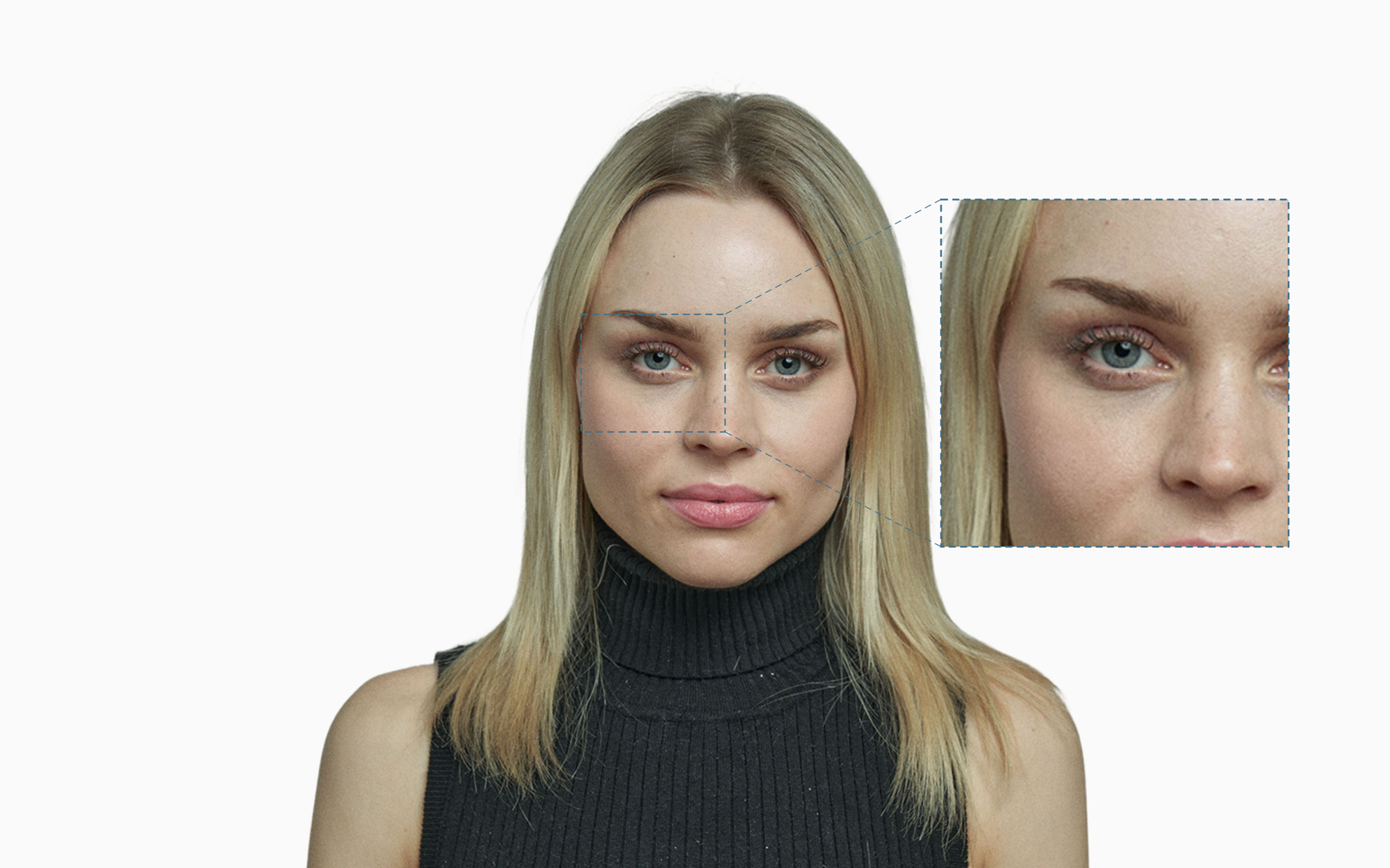 Crow's feet on a female face with the outer eye corner shown zoomed in next to the full portrait