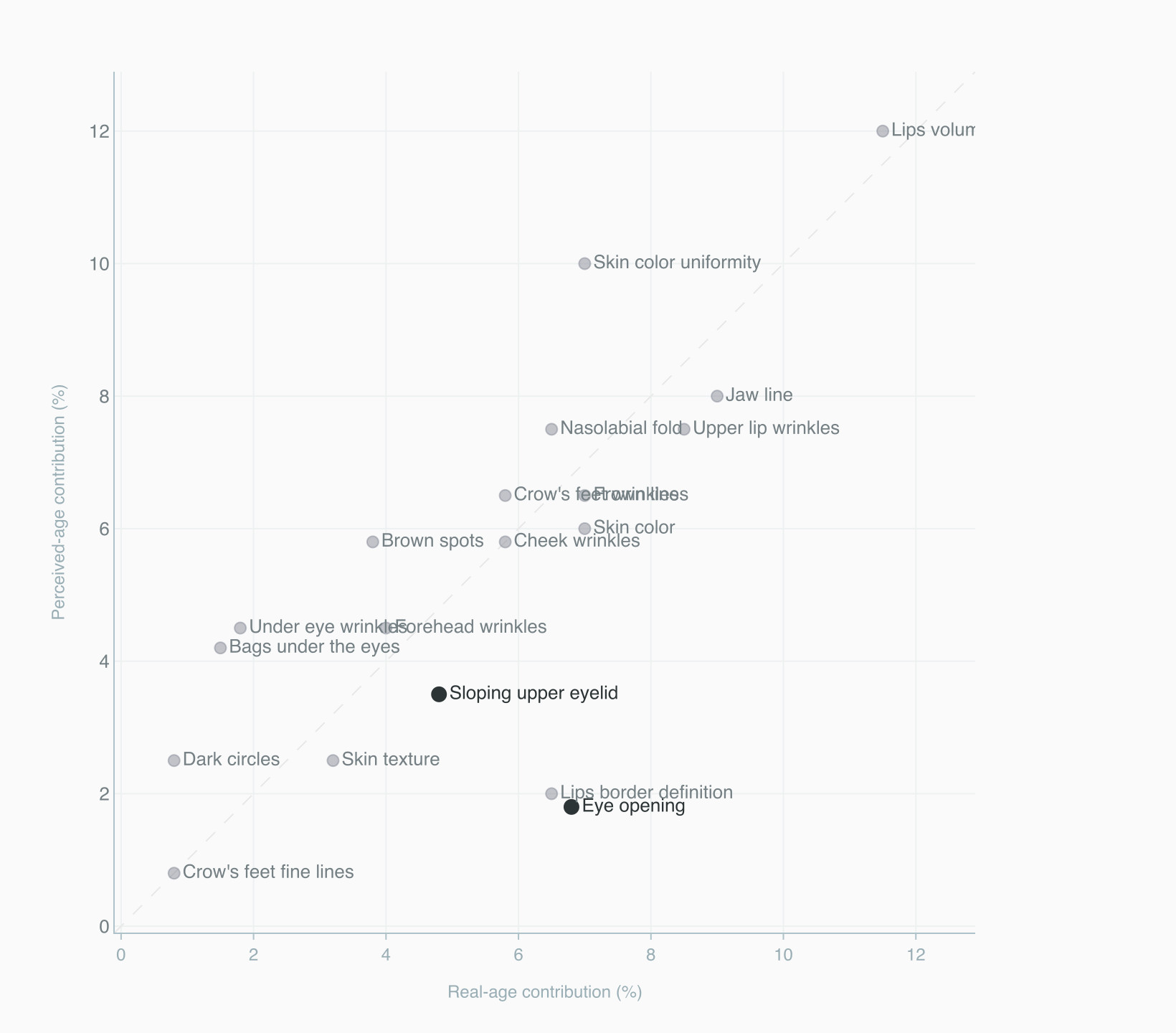Scatter chart of each facial attribute's real-age vs perceived-age contribution, hooded-eye points below the equal-weighting diagonal Scatter chart of each facial attribute's real-age vs perceived-age contribution, hooded-eye points below the equal-weighting diagonal