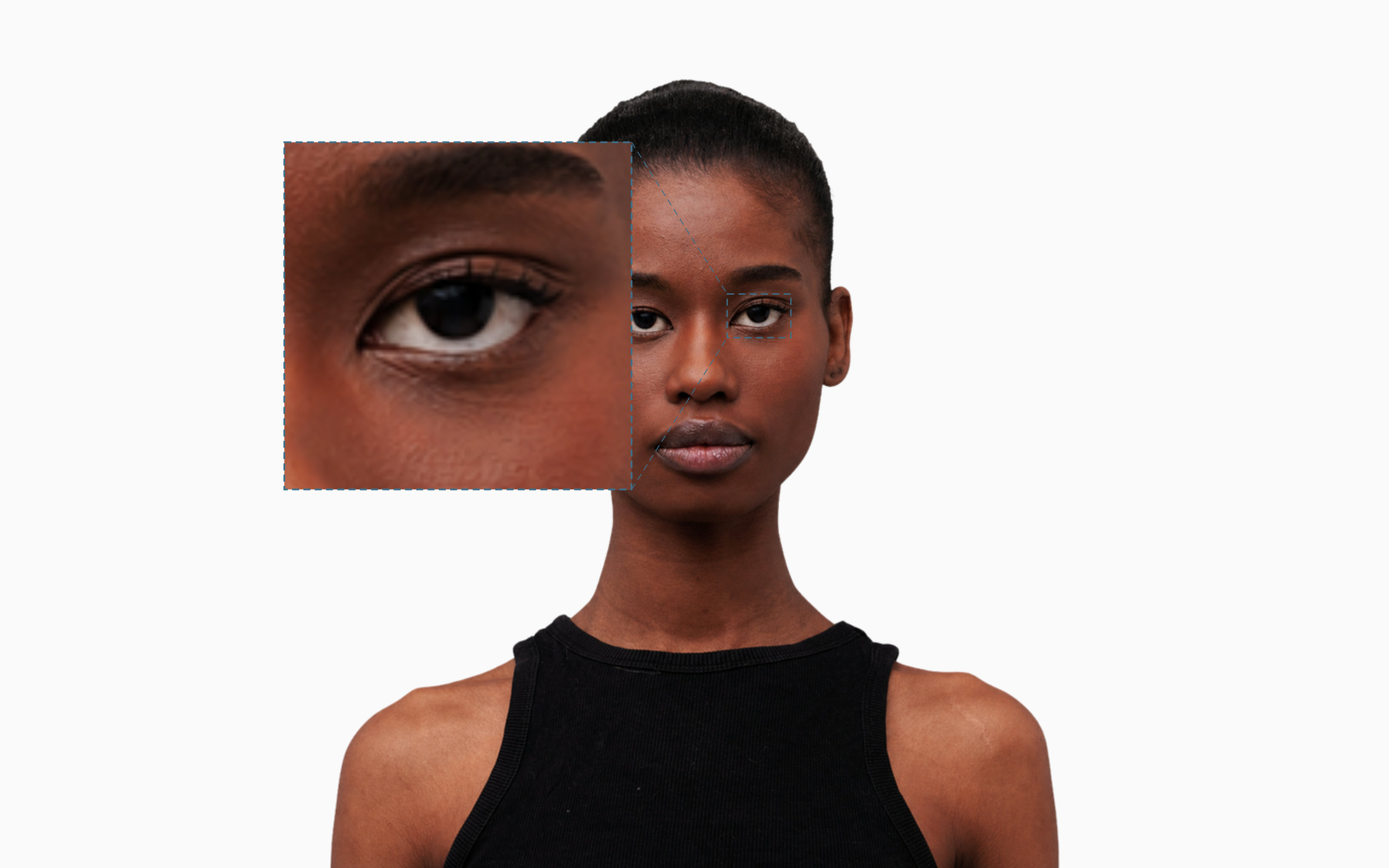 Sanpaku eyes, single-eye callout showing white sclera below the iris on a frontal portrait Sanpaku eyes, single-eye callout showing white sclera below the iris on a frontal portrait