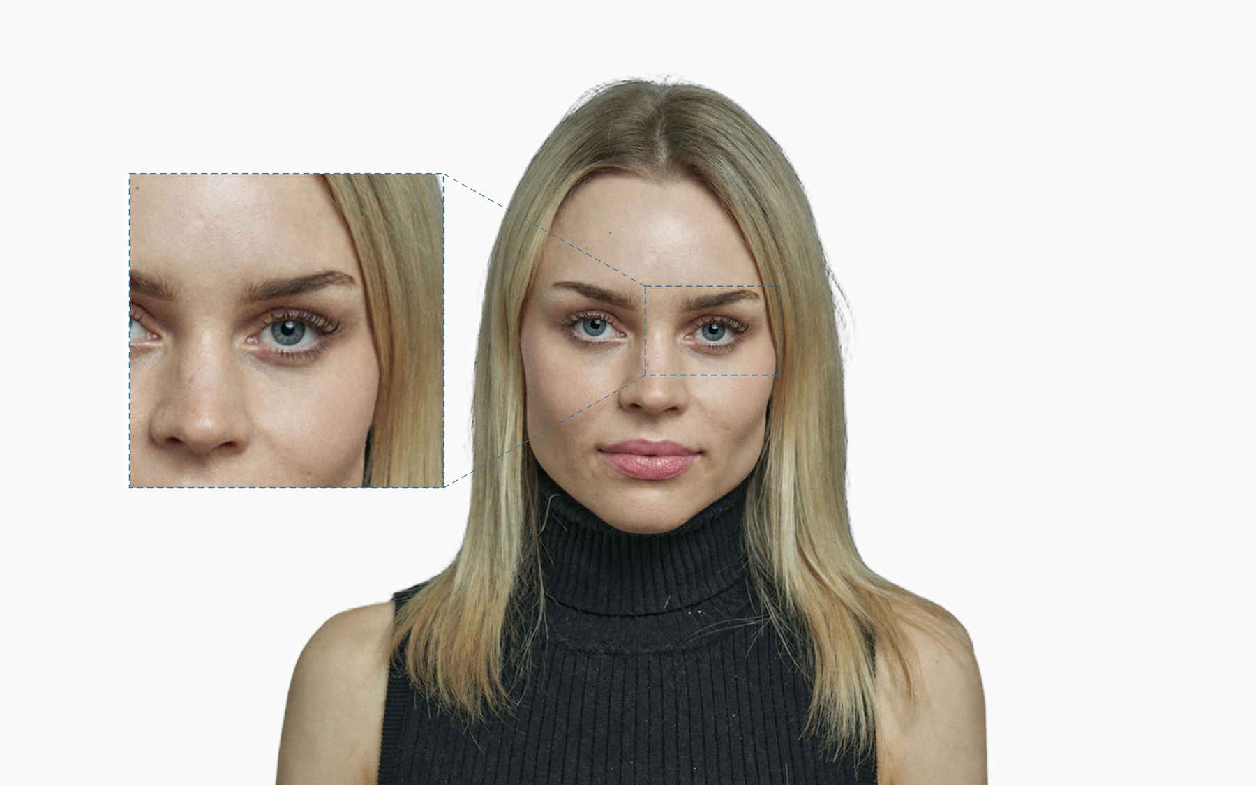 Scleral show hero on Female_Frontal_2: portrait shows visible white sclera band beneath the iris on both eyes; single-eye zoom callout.