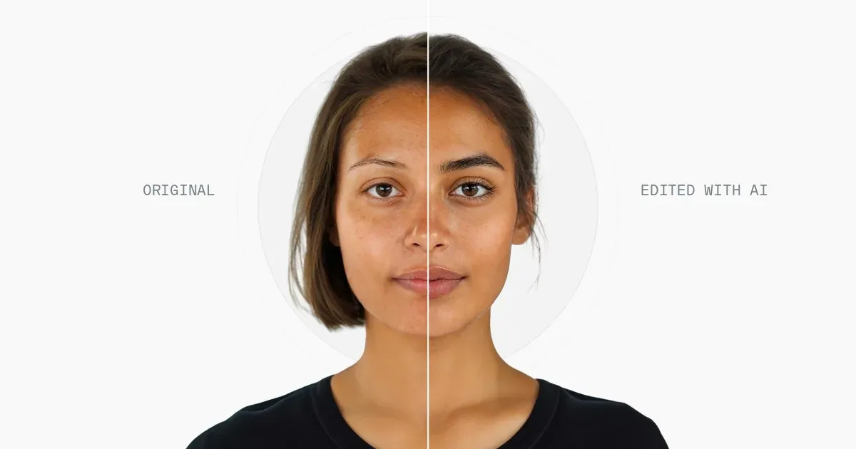 The same model before and after an AI edit, split down the middle