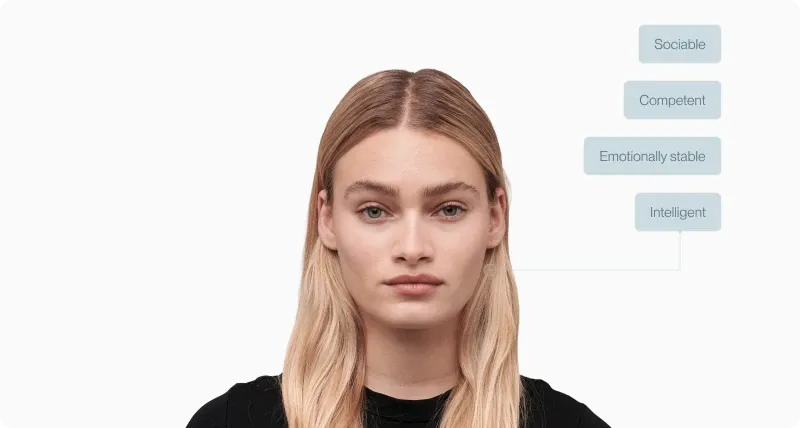 Front portrait of a young woman labelled sociable, competent, emotionally stable, intelligent