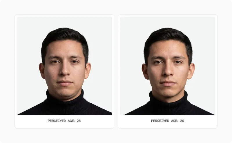 Two front portraits of the same man labelled perceived age 28 and perceived age 26