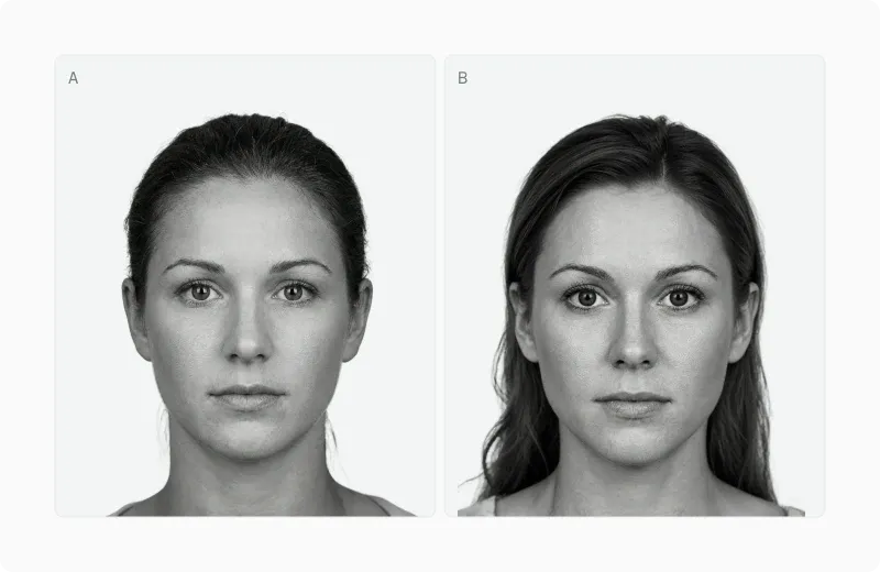 Two female portraits labelled A and B comparing an averaged face with a more attractive non-average face