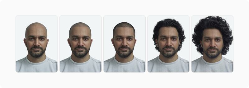 Diagram of male faces with progressively different hair volume illustrating that averageness can apply to any single feature — hair volume that deviates above or below the population-typical range registers as unusual