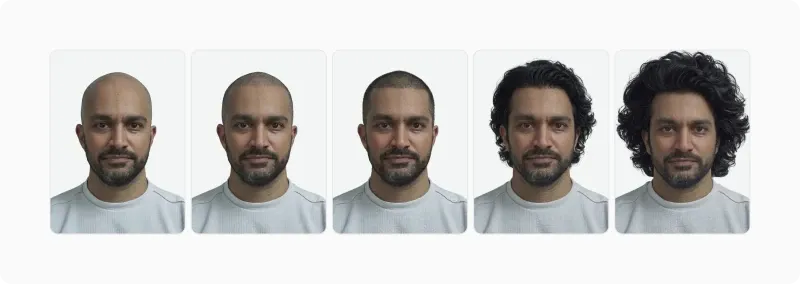 Row of five male portraits with progressively different hair volume, from very sparse to very voluminous