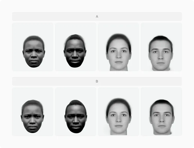 Two rows of four averaged faces showing how composites smooth toward a prototype as more faces are added