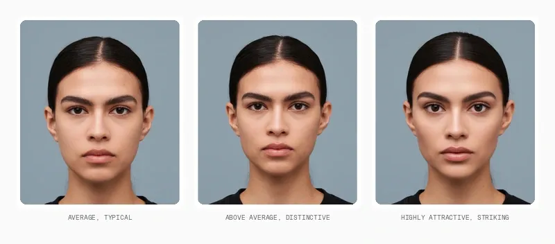 Three portraits of one woman with identical hair, lighting, clothing and expression, showing average, above-average and highly attractive facial structure