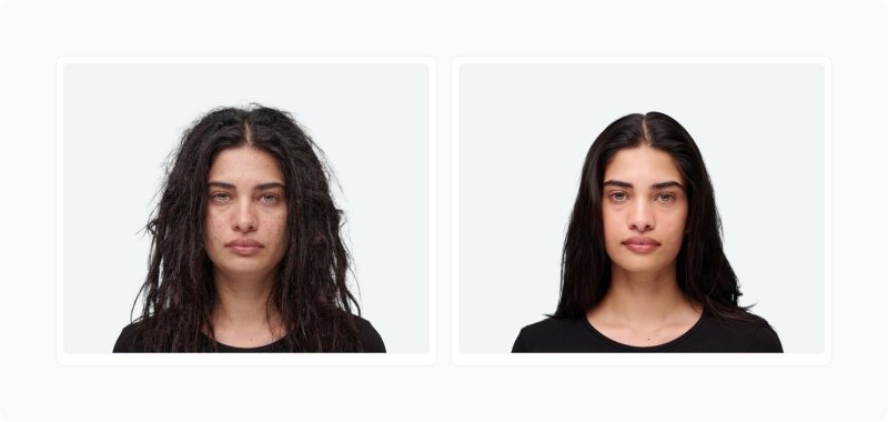Composite of faces showing how koinophilic averaging cancels noise (asymmetries, blemishes, atypical features), revealing the underlying health-marker signal — and how improving those markers can already push a face past the population norm in attractiveness.