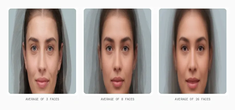 Three composite faces, each a morph-average of 3, 8 and 26 women photographed in the same studio session, showing individual marks and asymmetries cancelling as more faces are averaged