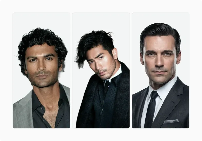 Three male portraits of public figures used to illustrate cultural variation in masculine appeal