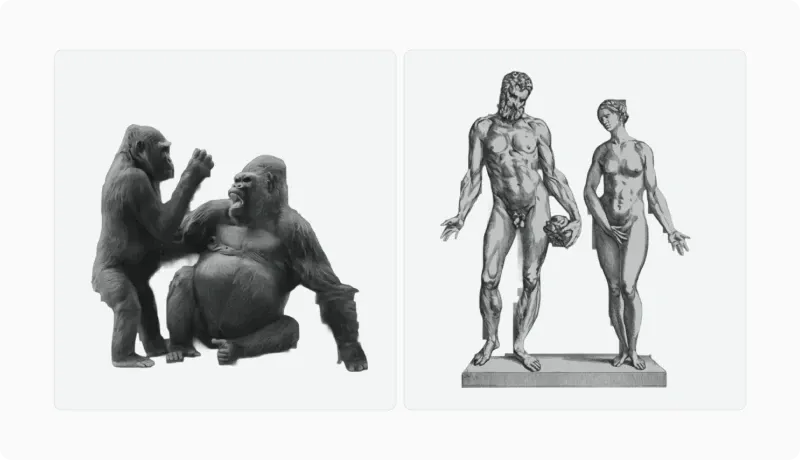 Gorilla pair beside a classical male and female nude statue, showing body-mass dimorphism