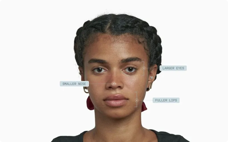 Front portrait of a woman with larger eyes, smaller nose and fuller lips called out as feminine traits