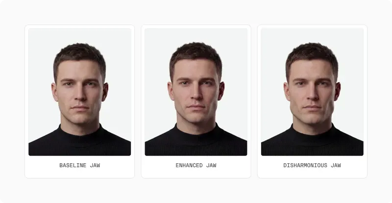 Three male portraits labelled baseline jaw, enhanced jaw and disharmonious jaw, showing harmony as a combination of features