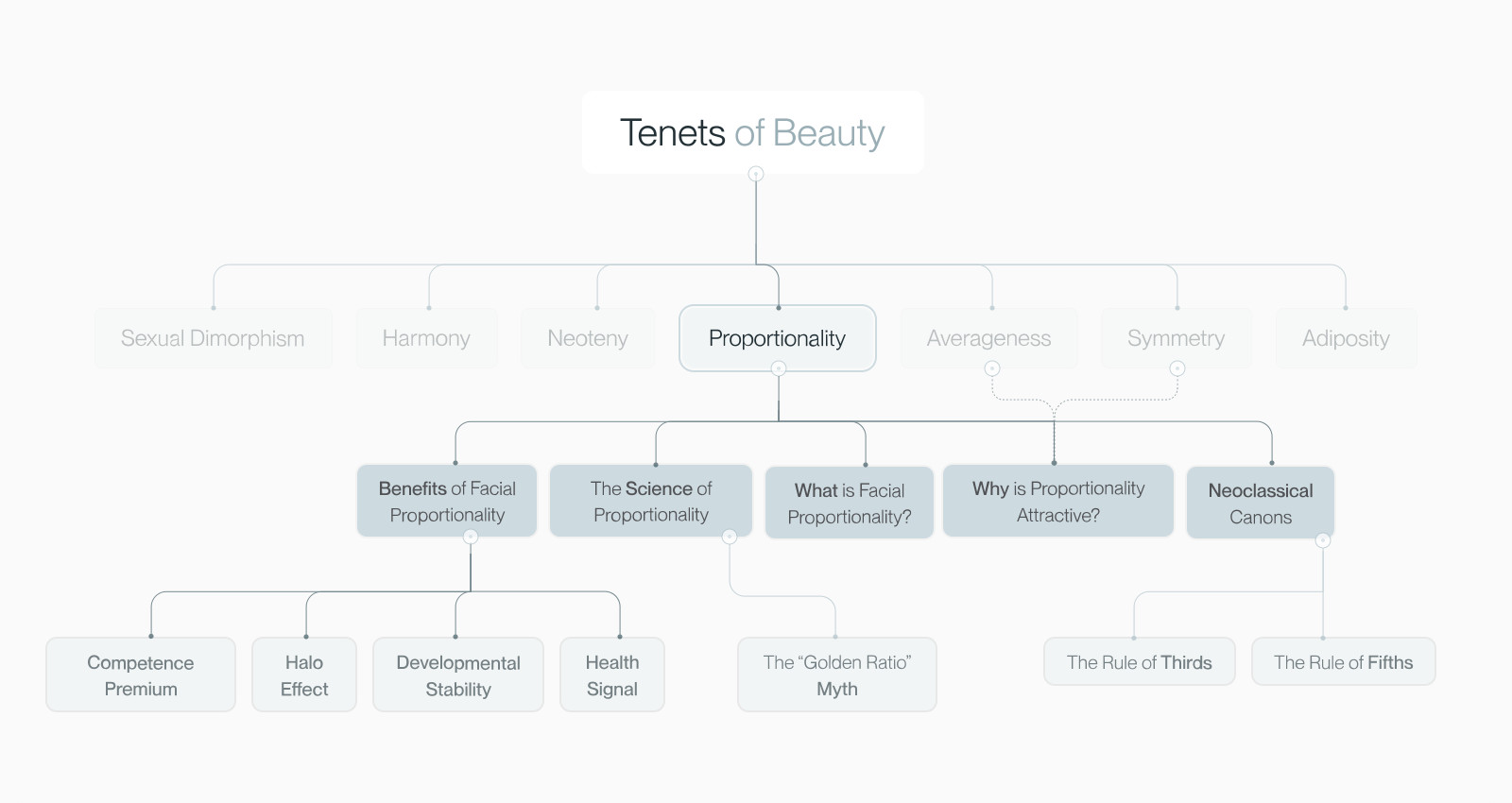 Mindmap placing facial proportionality within the seven tenets of beauty framework