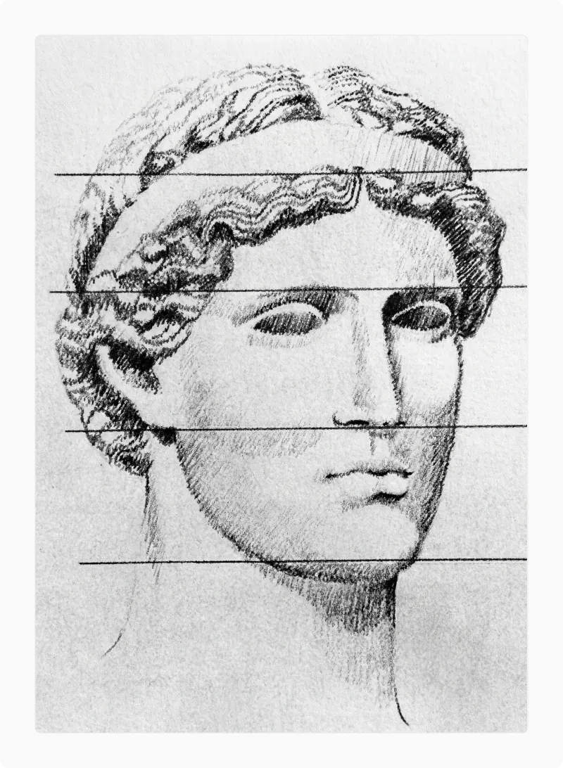 Greek sketch of a female head divided into equal horizontal thirds