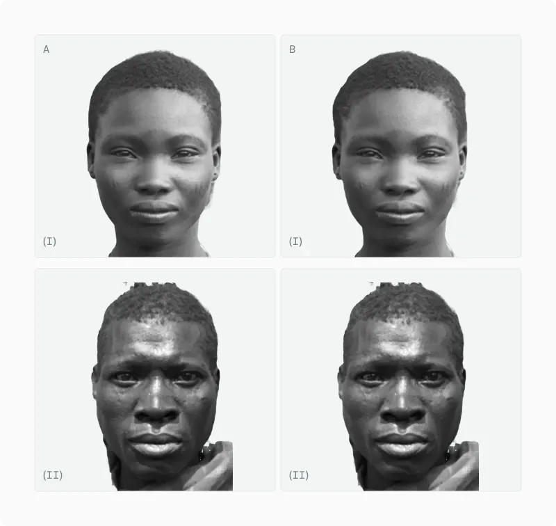 Two-by-two panel of original versus digitally symmetrised male and female Hadza portraits