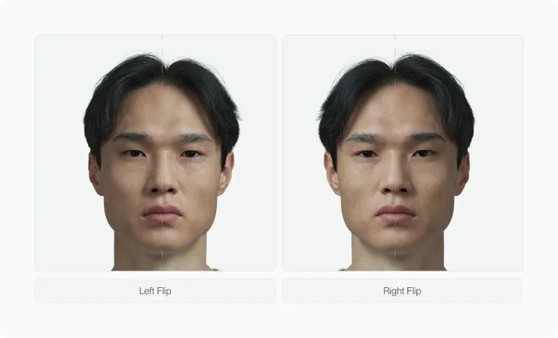 Male and female portraits with a vertical midline overlay highlighting asymmetries in the eyes, nose, lips and jaw