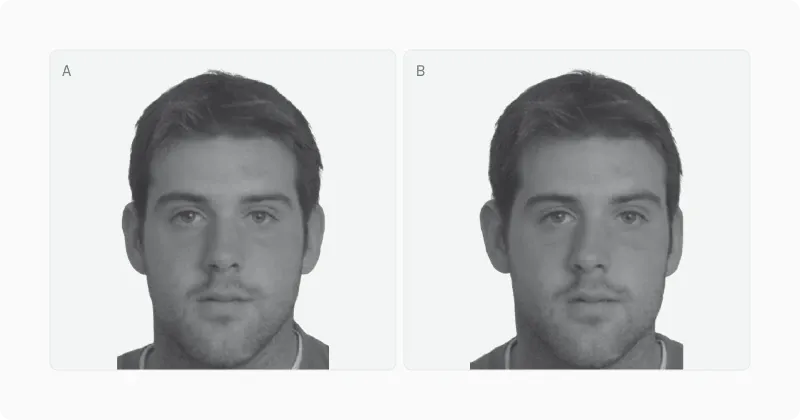 Two standardised male portraits labelled A and B, one morphed to higher and one to lower bilateral symmetry