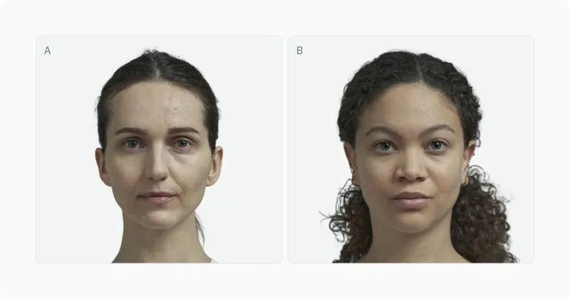 Three female portraits with vertical midline and horizontal eye and mouth reference lines drawn over each