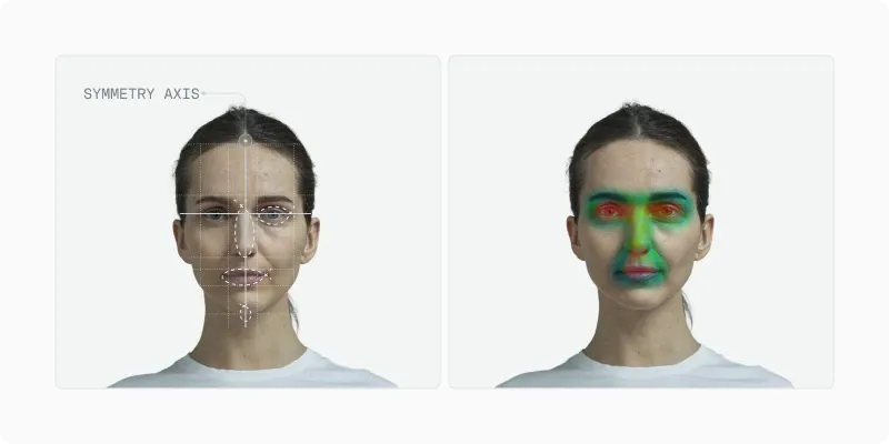 Front portrait with a facial thirds grid alongside an eye-tracking heatmap over the eyes, nose and mouth