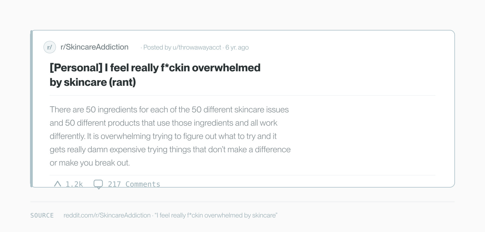 Stylized Reddit post from r/SkincareAddiction in which the writer says skincare advice has become overwhelming
