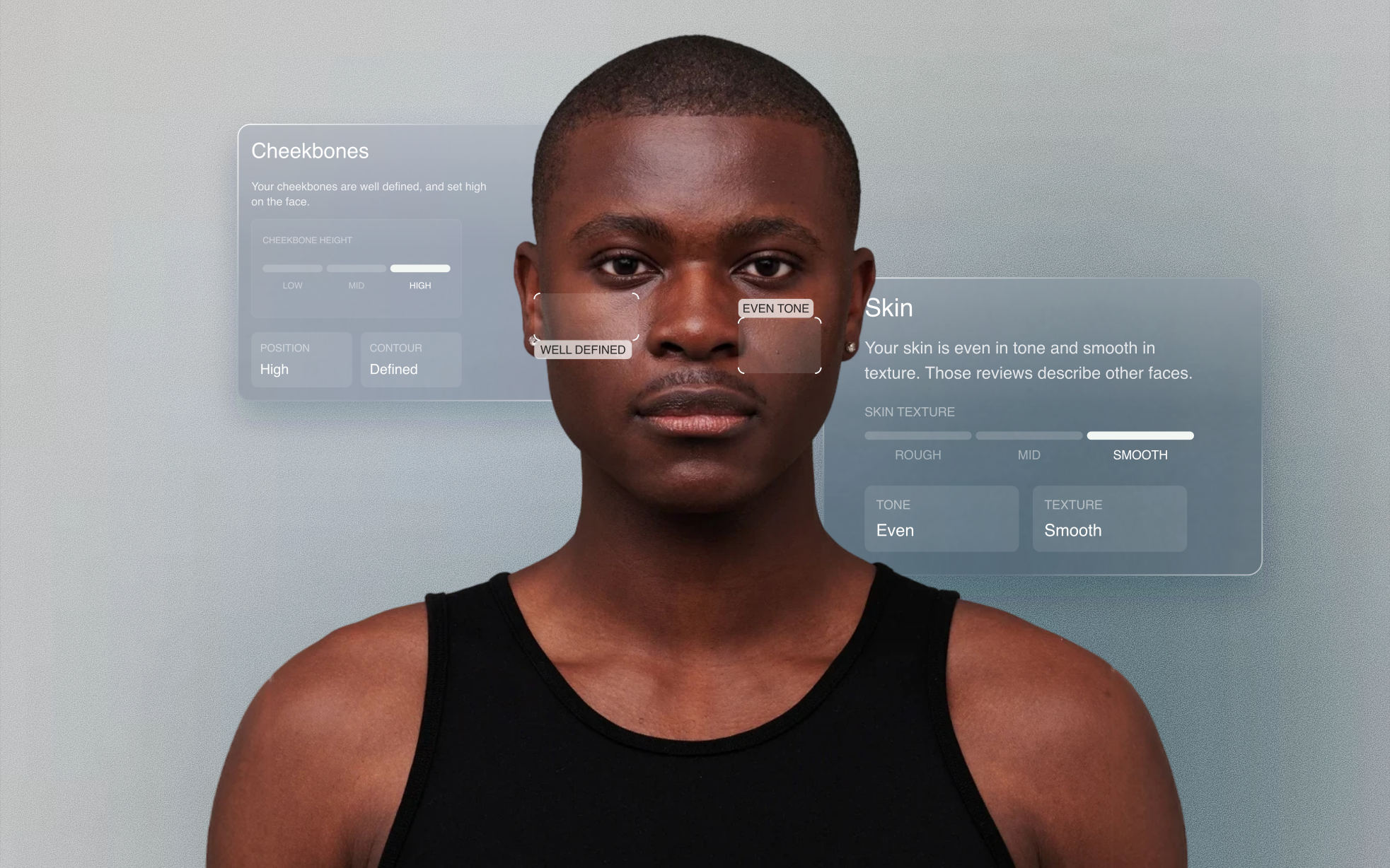 Front-facing portrait of a QOVES model with his cheekbone and cheek marked, in front of glass cheekbone and skin analysis cards