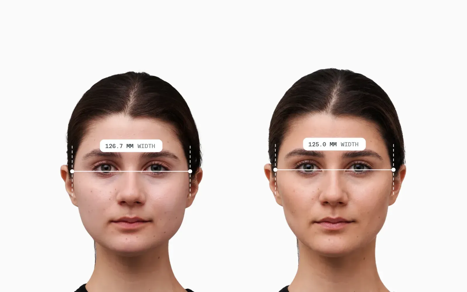 The same young woman twice, with a line across the cheekbones marking face width on each