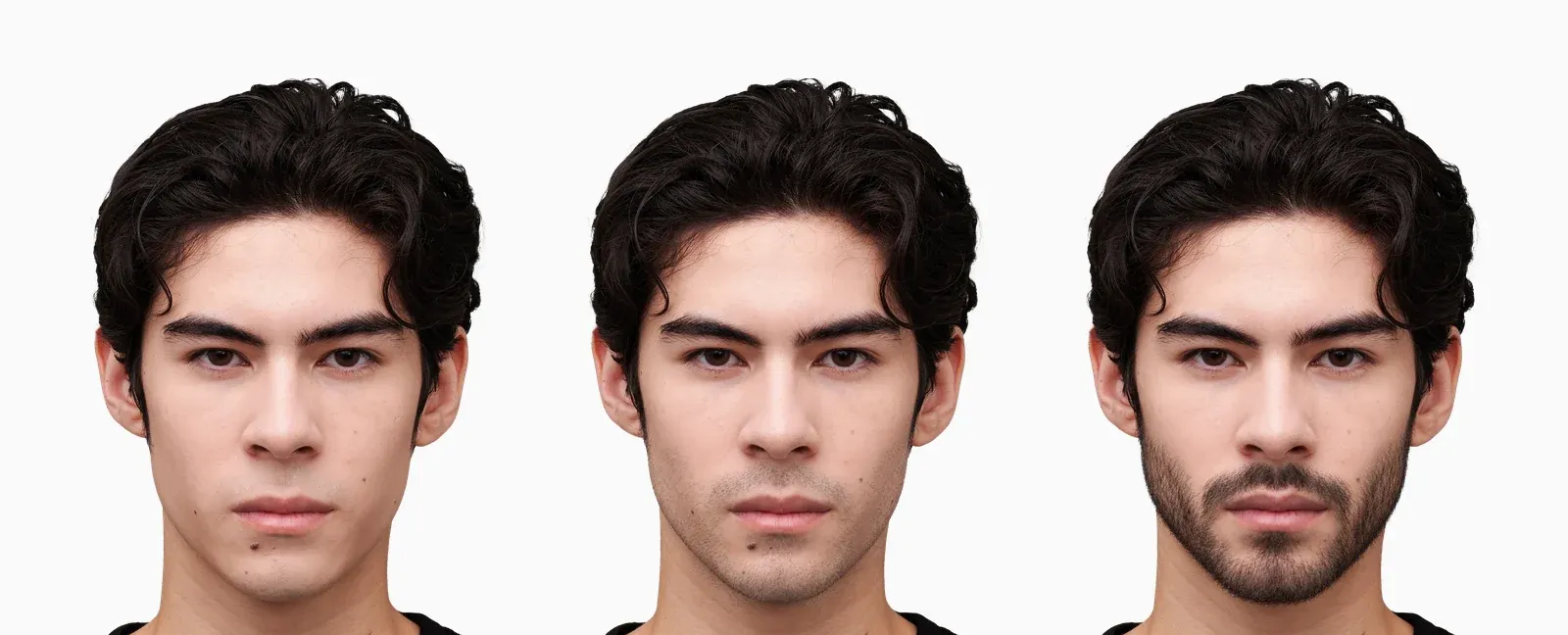 The same young man three times: clean-shaven, then with stubble, then with a short beard added by an AI image edit.