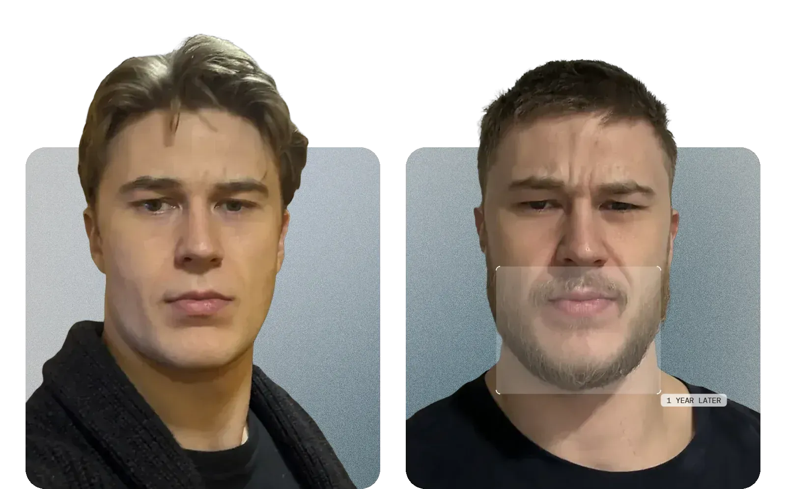 A QOVES team member clean-shaven on the left and a year later with a beard on the right, backgrounds removed, with the beard highlighted