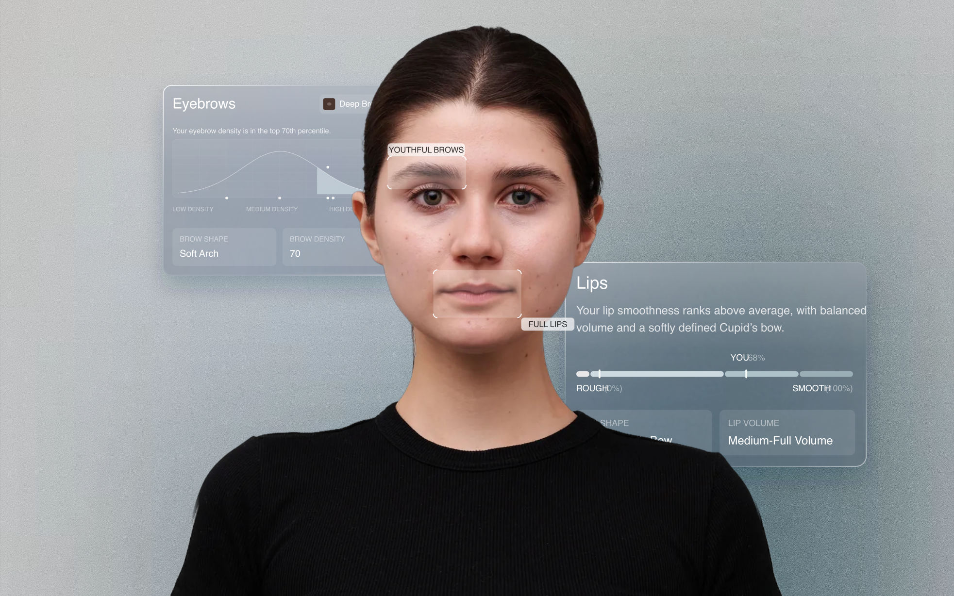 Front-facing portrait with the brows and lips highlighted as youthful features, in front of glass eyebrow and lip analysis cards Front-facing portrait with the brows and lips highlighted as youthful features, in front of glass eyebrow and lip analysis cards
