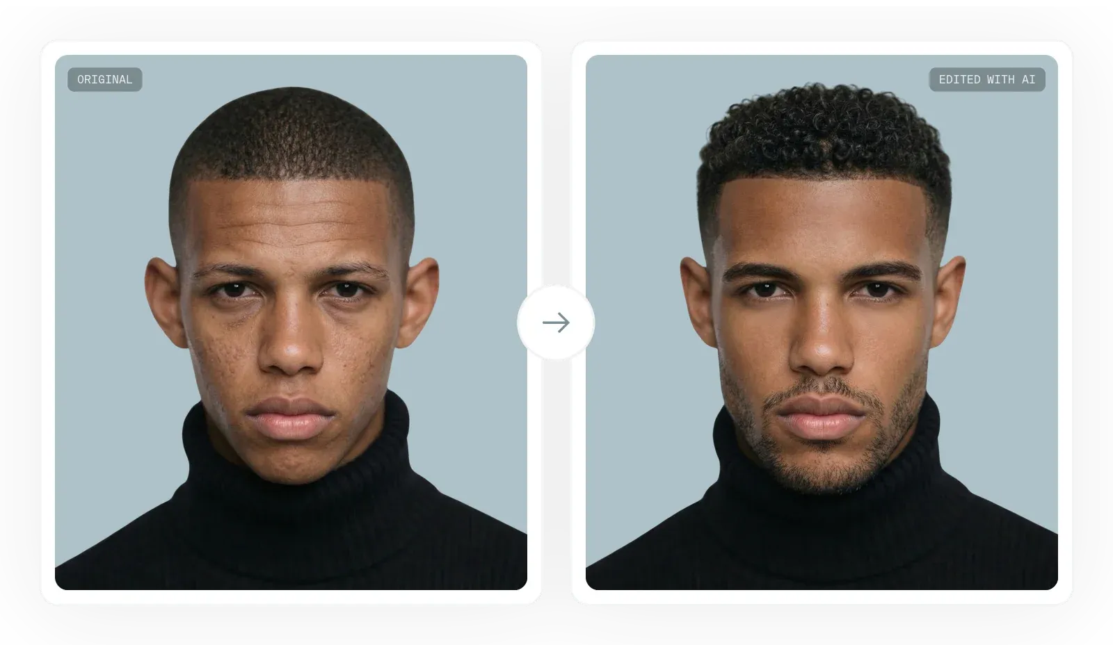 A male model before and after an AI edit that adds a fuller haircut, a beard and clearer skin