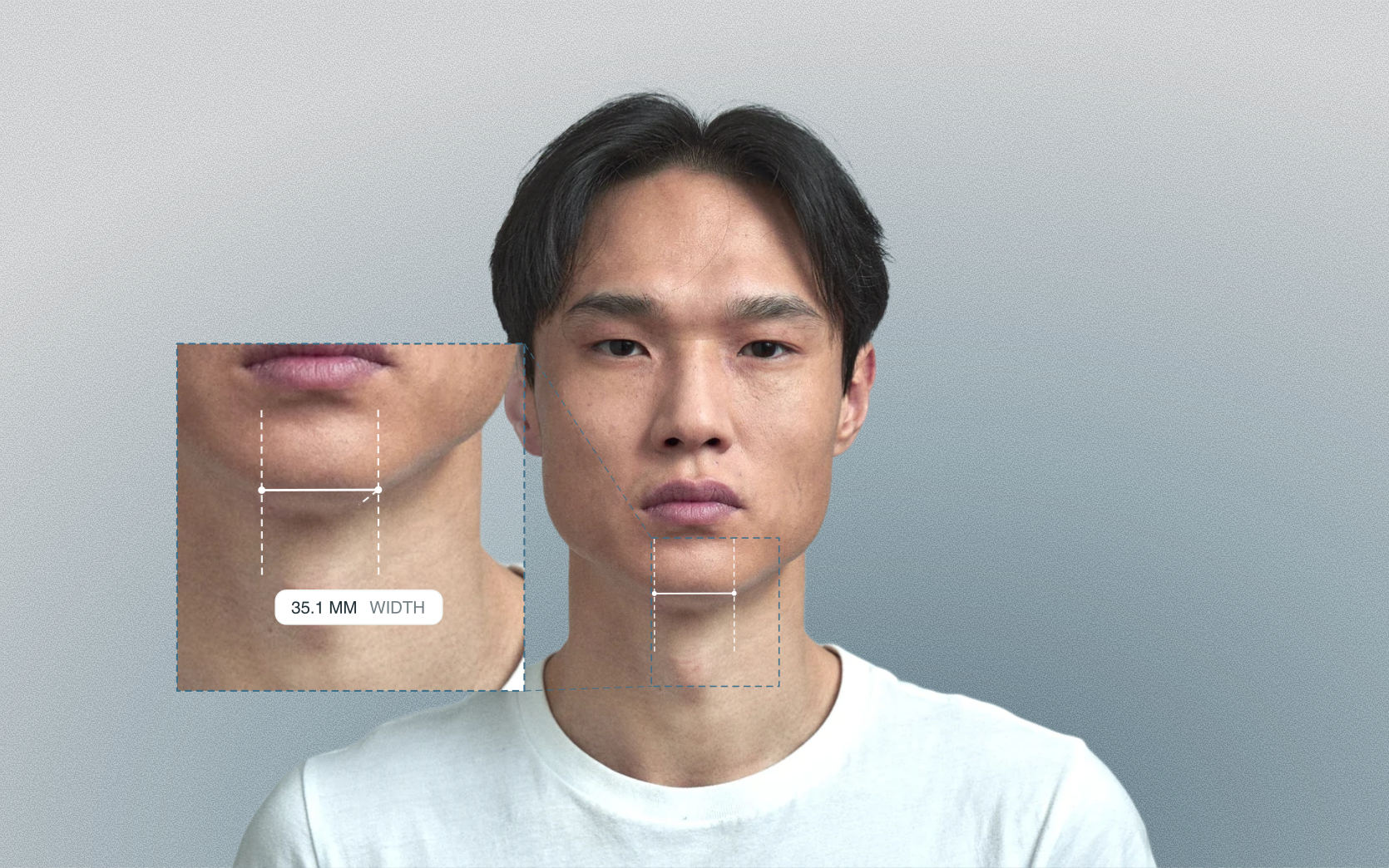 Chin width measured on a male front-facing portrait Chin width measured on a male front-facing portrait