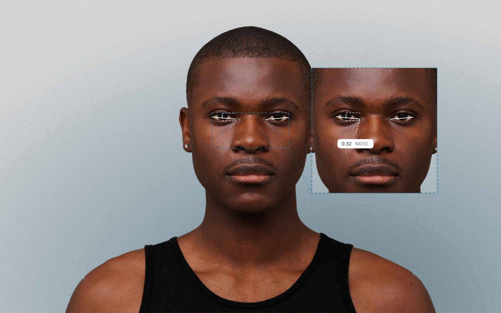 Eye almondness ratio measured on a male front-facing portrait Eye almondness ratio measured on a male front-facing portrait
