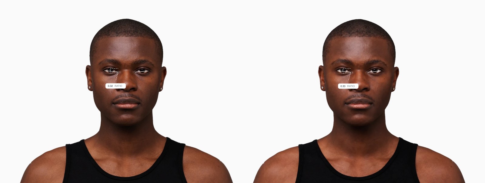 Two copies of the same male front-facing face with the eye almondness ratio drawn on each, the right one with a more open eye shape Two copies of the same male front-facing face with the eye almondness ratio drawn on each, the right one with a more open eye shape