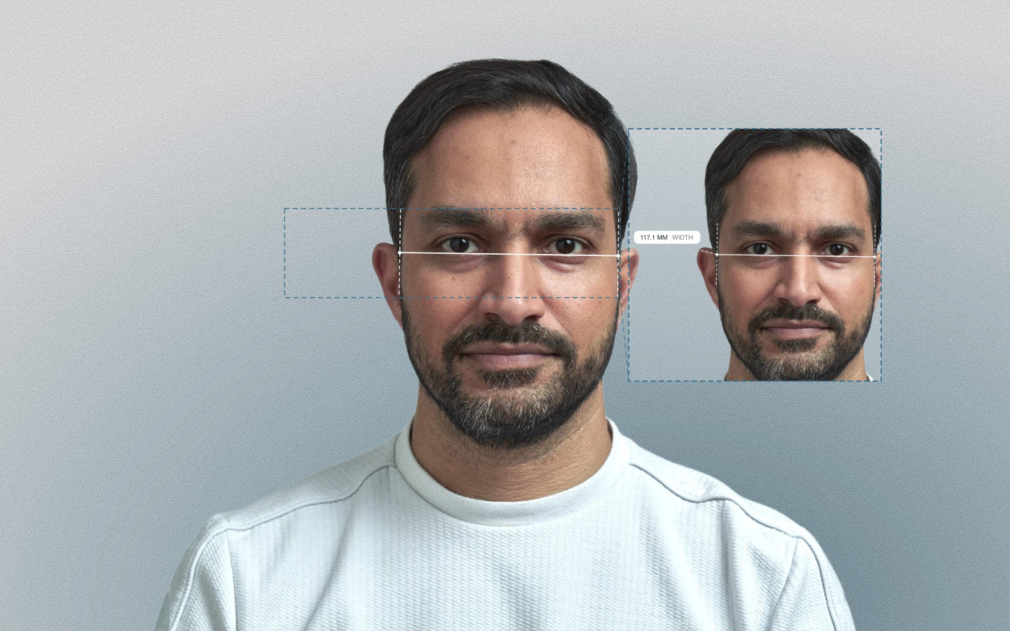 Facial width (bizygomatic width) measured across the cheekbones on a male frontal portrait Facial width (bizygomatic width) measured across the cheekbones on a male frontal portrait