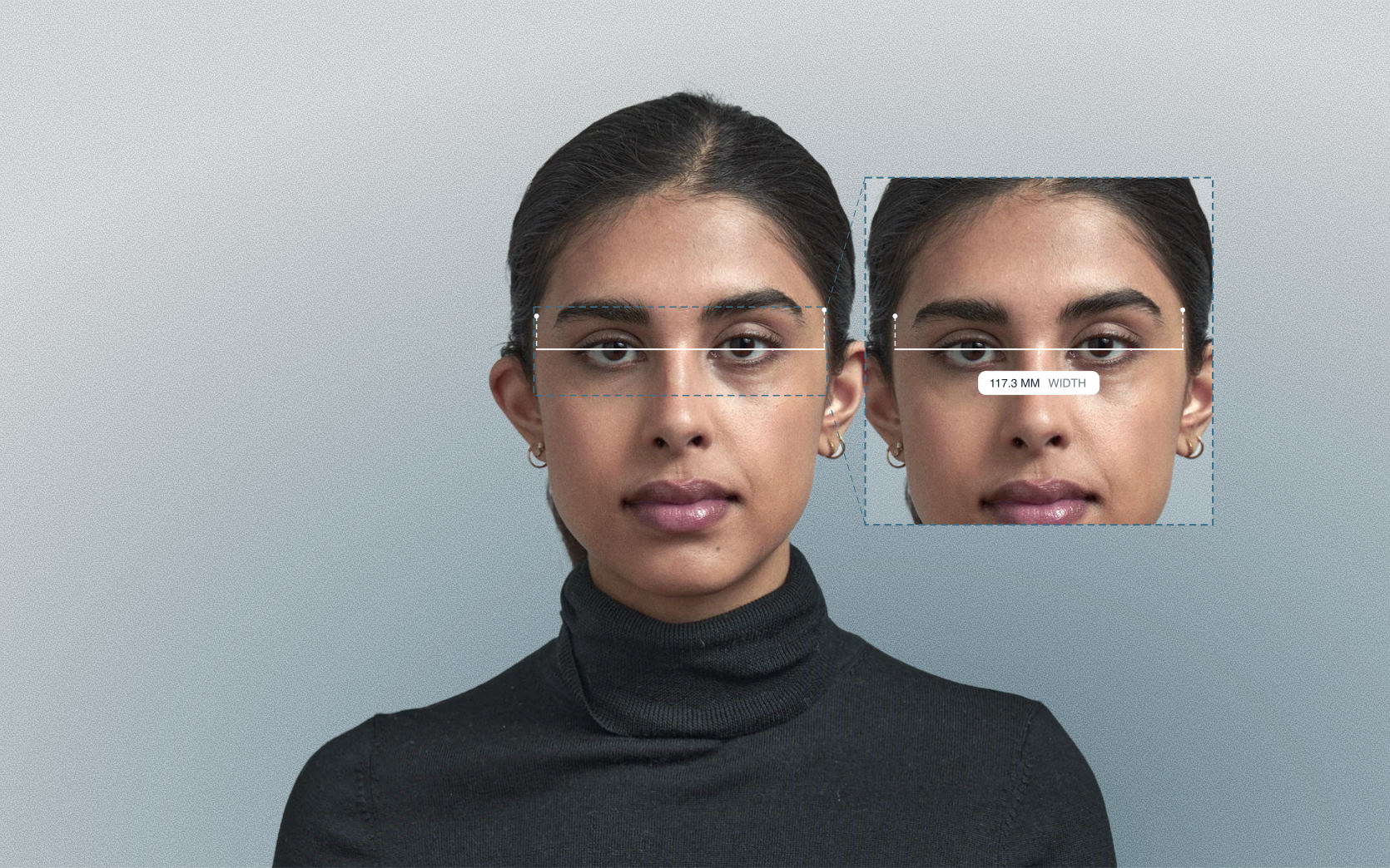 Forehead width measured on a female front-facing portrait Forehead width measured on a female front-facing portrait