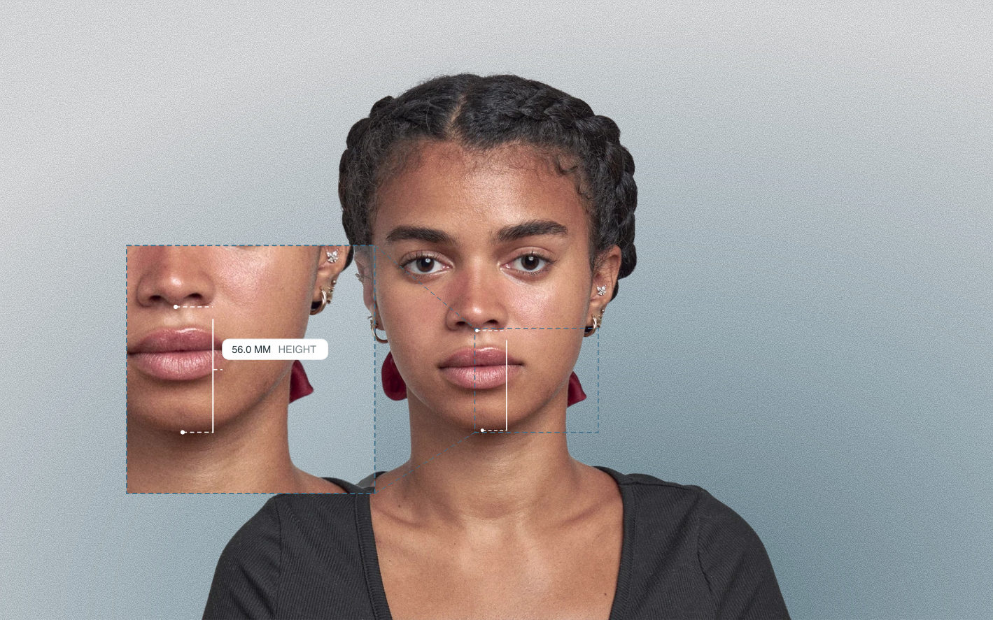 Lower face height measured on a female front-facing portrait Lower face height measured on a female front-facing portrait