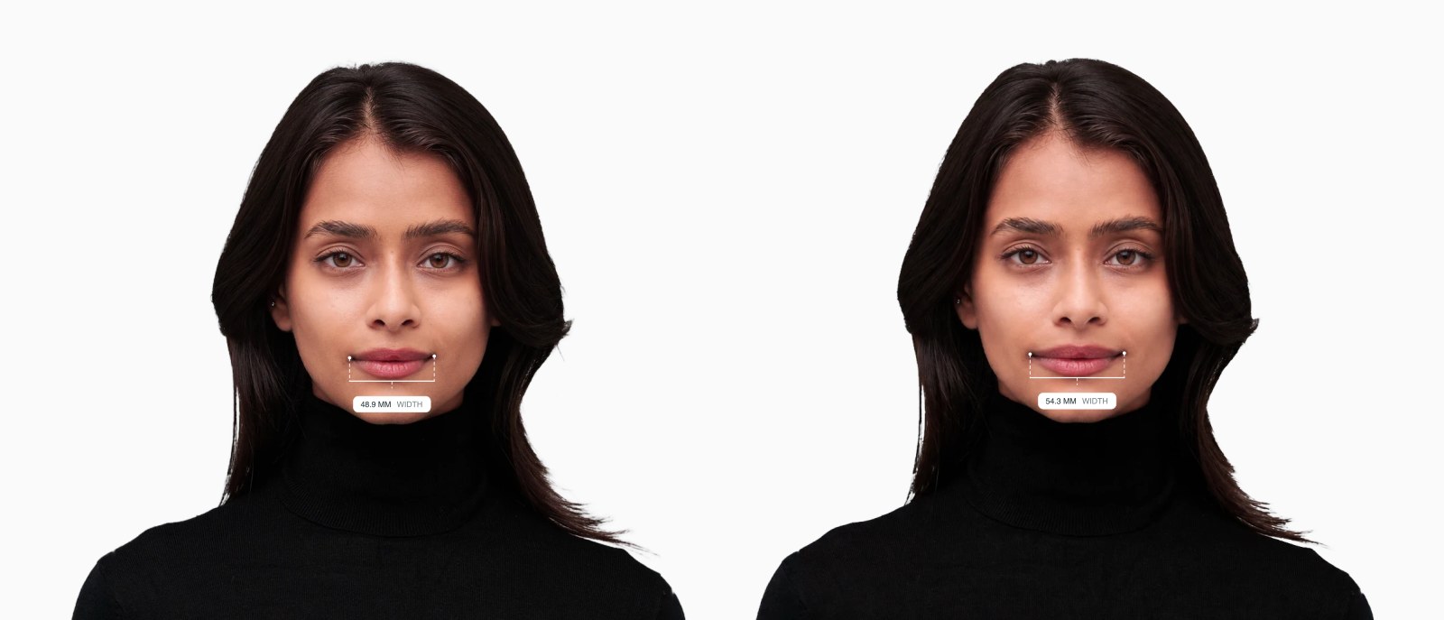 Two copies of the same female front-facing face with the mouth width drawn on each, the right one with a wider mouth Two copies of the same female front-facing face with the mouth width drawn on each, the right one with a wider mouth