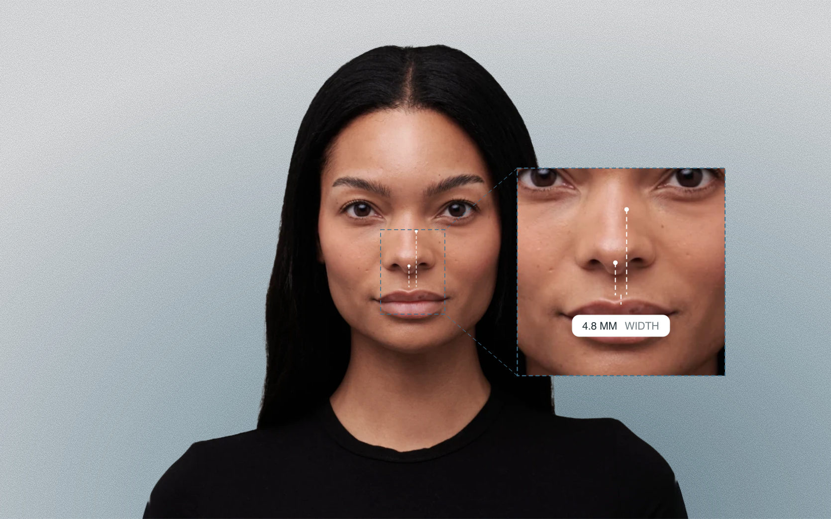 Nasal root width measured on a female front-facing portrait Nasal root width measured on a female front-facing portrait