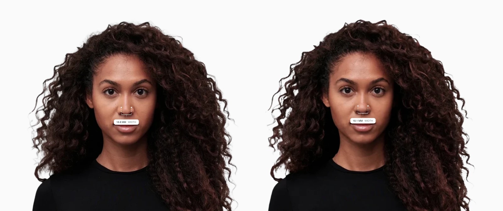 Two copies of the same female front-facing face with the nasal tip width drawn on each, the right one with a narrower nasal tip