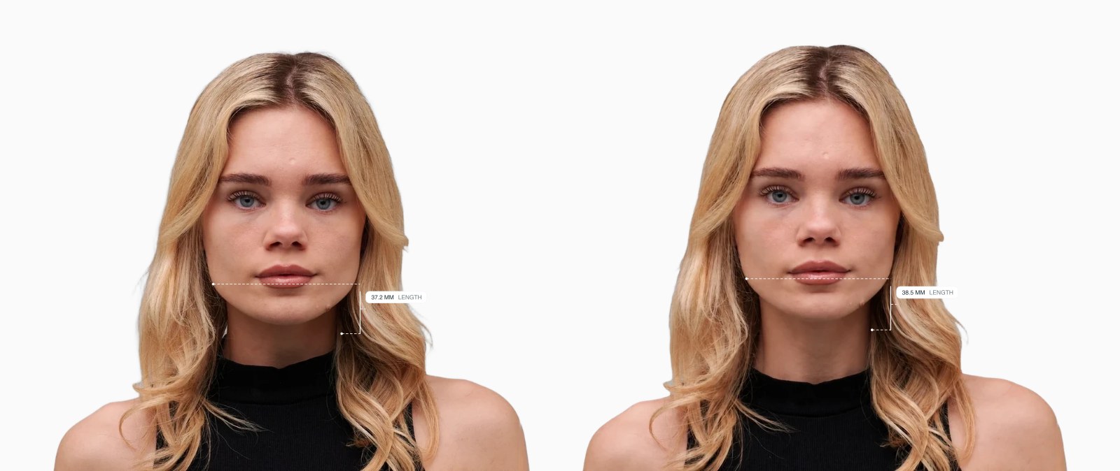 Two copies of the same female front-facing face with the neck length drawn on each, the right one with a longer neck