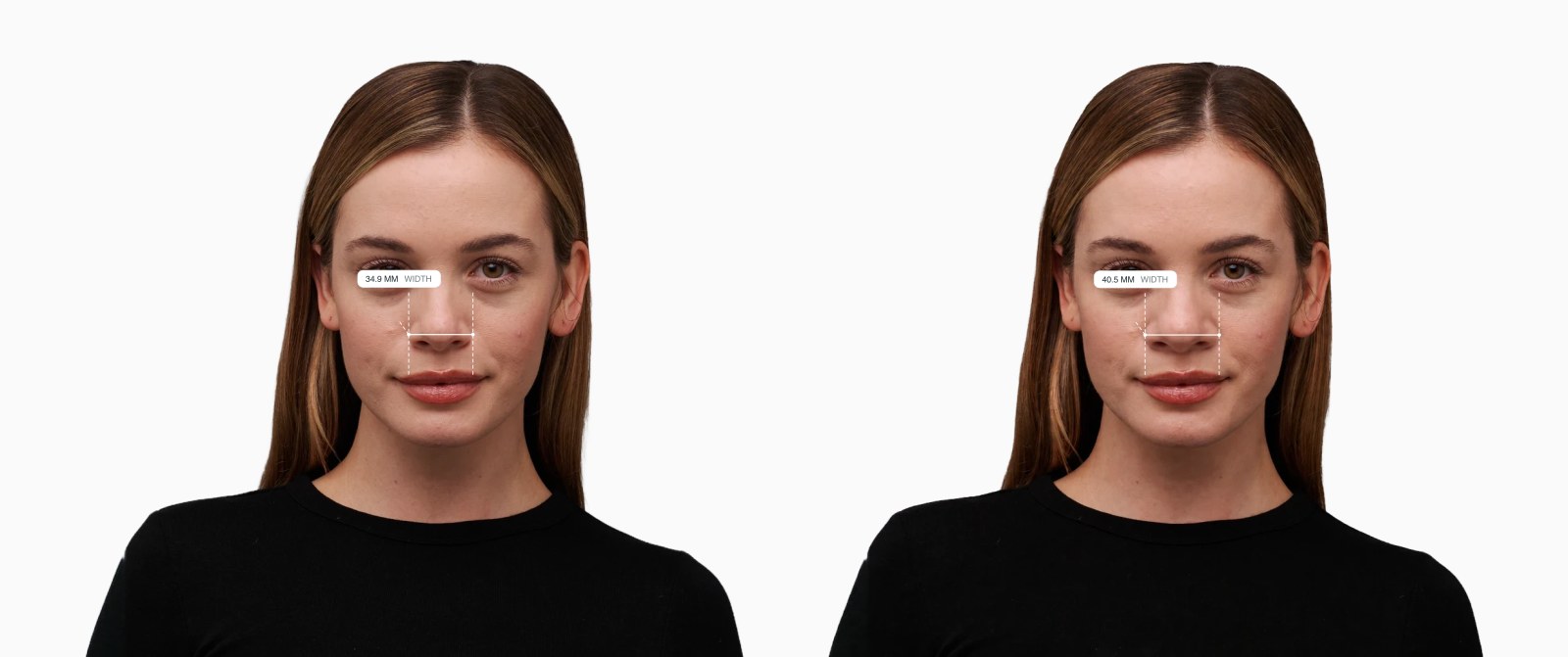 Two copies of the same female front-facing face with the nose width drawn on each, the right one with a wider nose