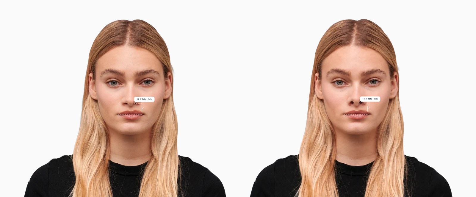 Two copies of the same female front-facing face with the nostril vertical span drawn on each, the right one with taller nostrils Two copies of the same female front-facing face with the nostril vertical span drawn on each, the right one with taller nostrils