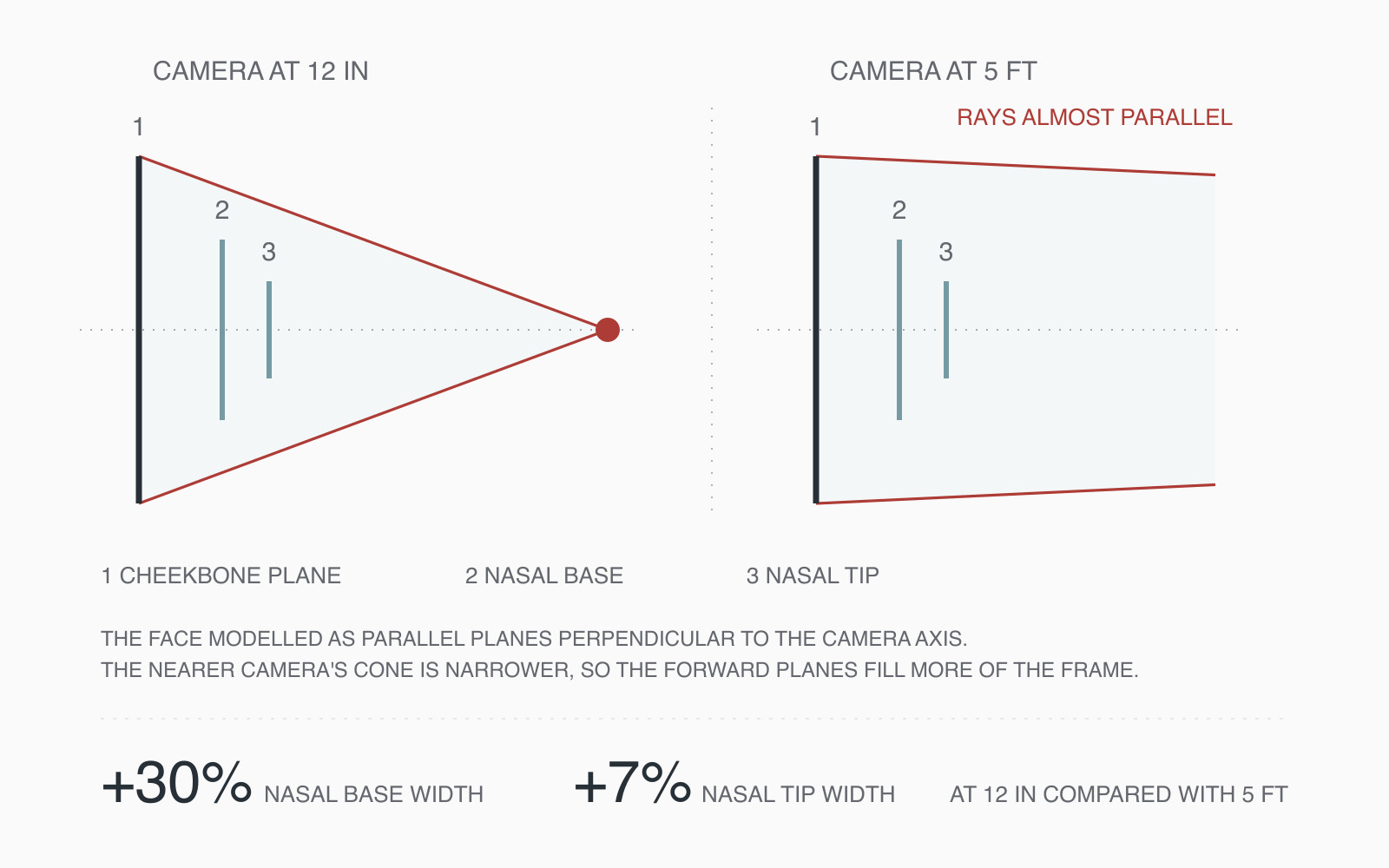 Diagram comparing a camera at 12 inches, whose cone is narrow, with one at 5 feet, whose rays are almost parallel, across the cheekbone, nasal base and nasal tip planes