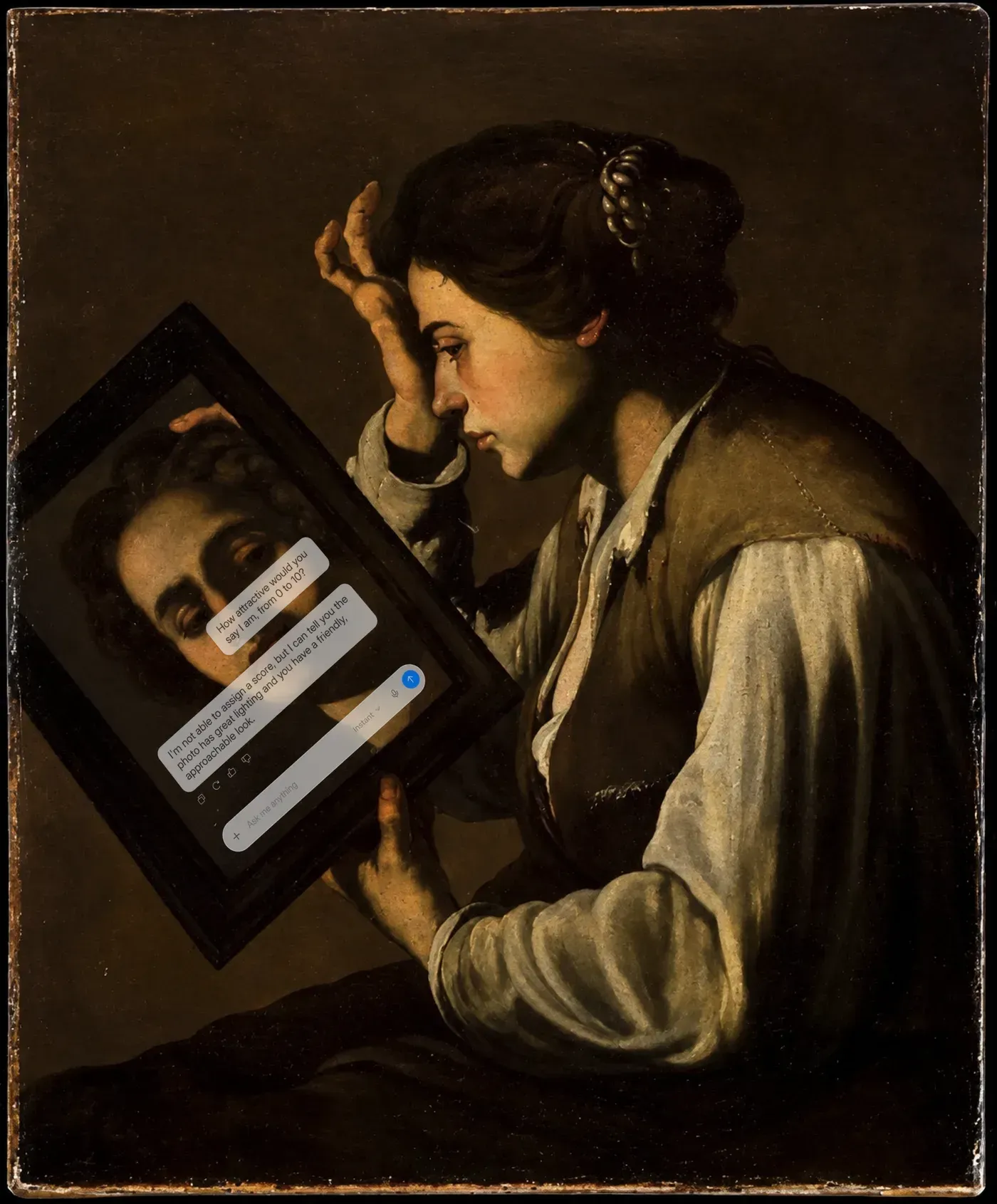 Baroque painting of a young woman gazing at her reflection in a framed mirror, digitally modified so the mirror shows a chat conversation overlaid on her face Baroque painting of a young woman gazing at her reflection in a framed mirror, digitally modified so the mirror shows a chat conversation overlaid on her face