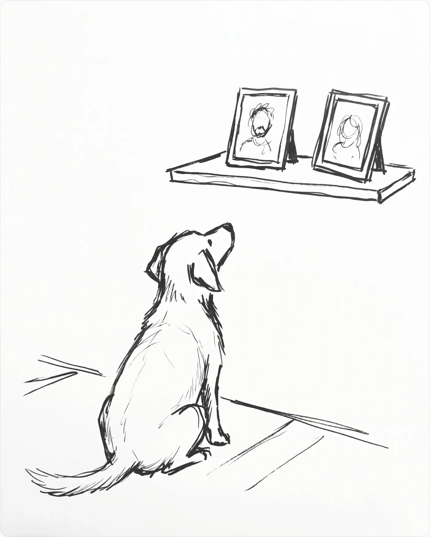 Pencil sketch of a dog sitting on the floor, looking up at two framed portraits of human faces on a shelf Pencil sketch of a dog sitting on the floor, looking up at two framed portraits of human faces on a shelf
