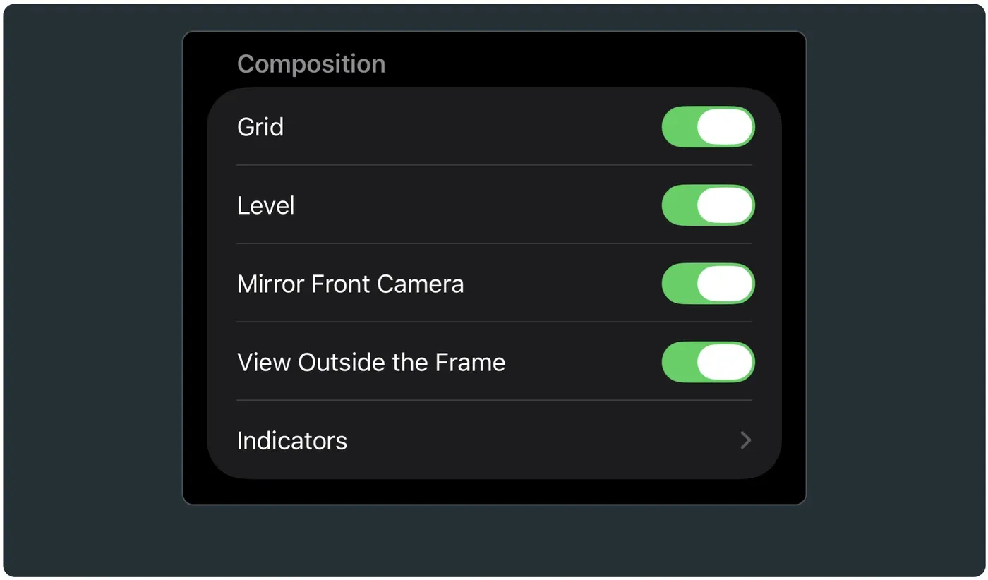 The iOS camera composition settings group, showing the Mirror Front Camera toggle switched on